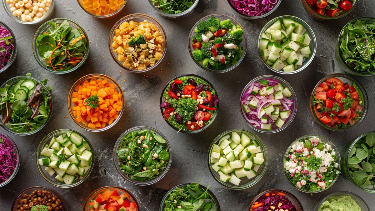 Salade de choucroute et cervelas rôtis : une recette facile et savoureuse 1 Overhead view of different personalized salad combinations