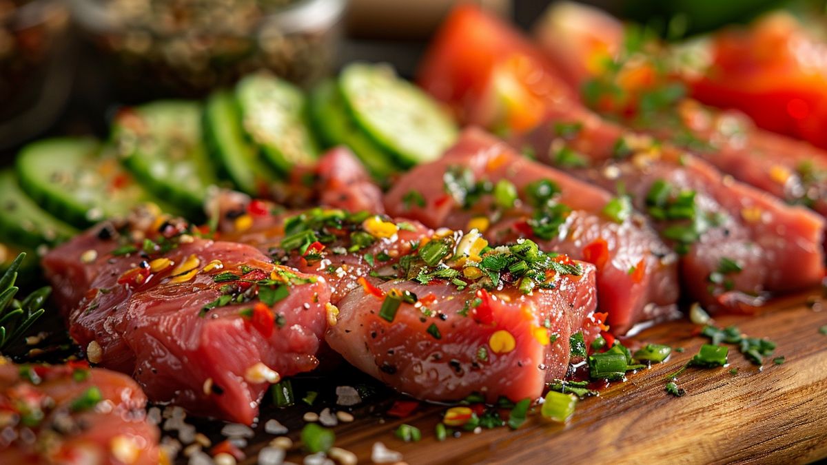 Tranches de viande crue parsemées d’herbes et d’épices, avec concombre et tomates, sur une planche en bois