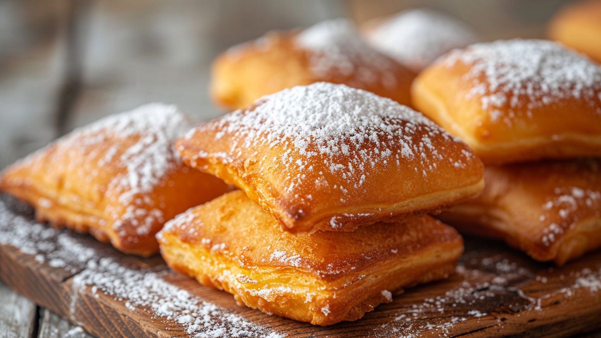 Beignets dorés et gonflés saupoudrés de sucre glace, empilés sur une planche en bois