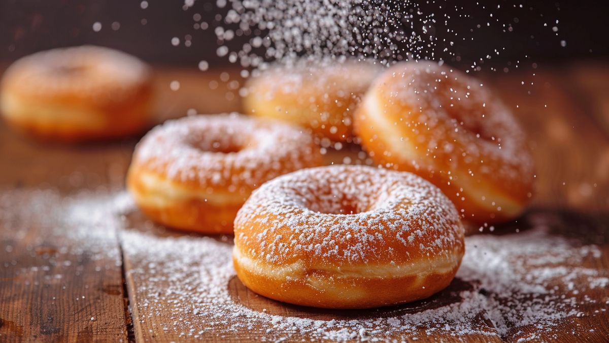 Beignets ronds dorés saupoudrés de sucre glace sur une table en bois, sous une pluie de sucre