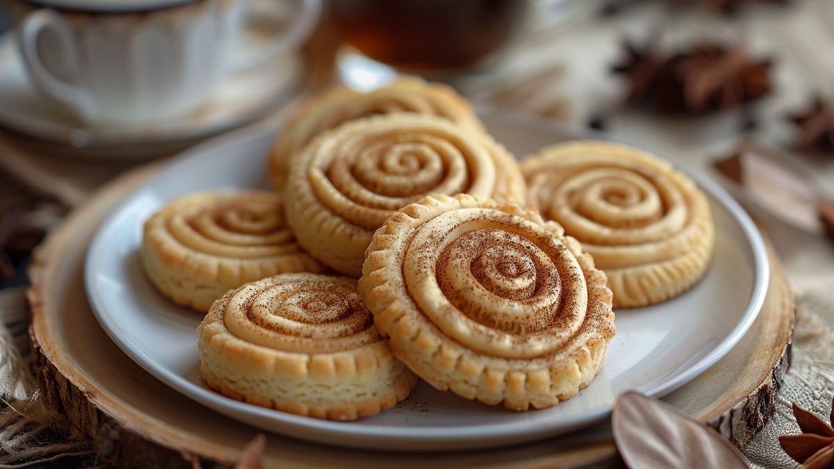 Biscuits roulés en spirale à la cannelle sur une assiette blanche, étoiles de badiane en arrière-plan