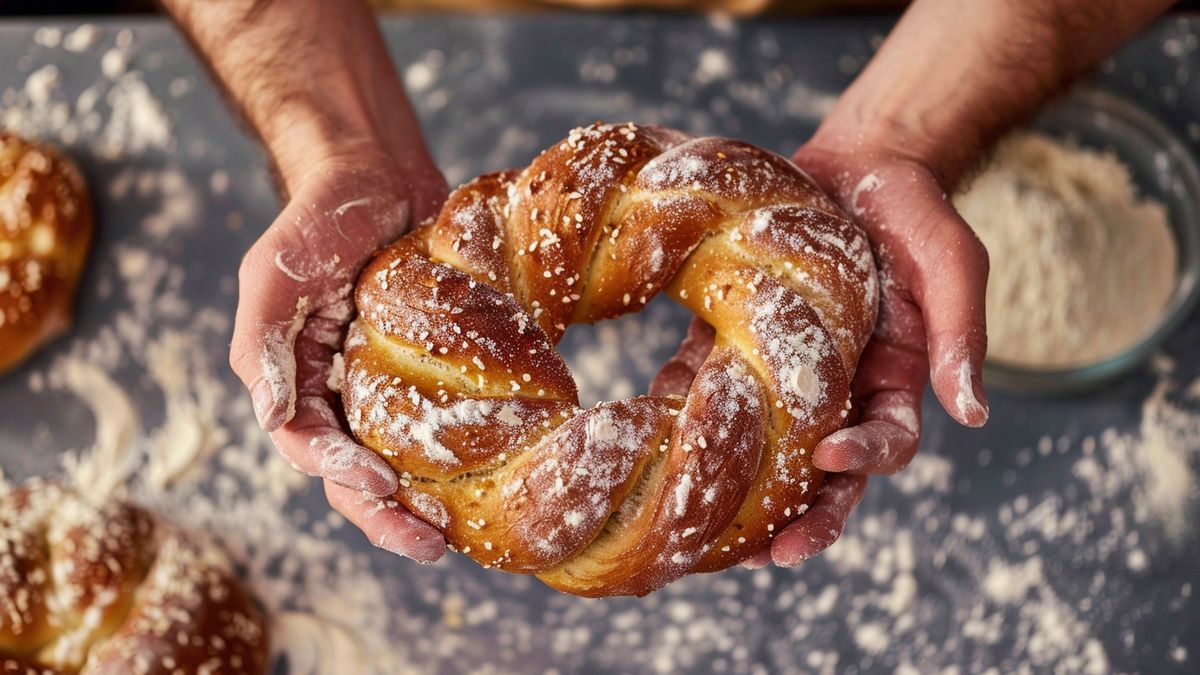 Mains farinées tenant une couronne de pâte tressée et dorée, au-dessus d’un plan de travail saupoudré de farine