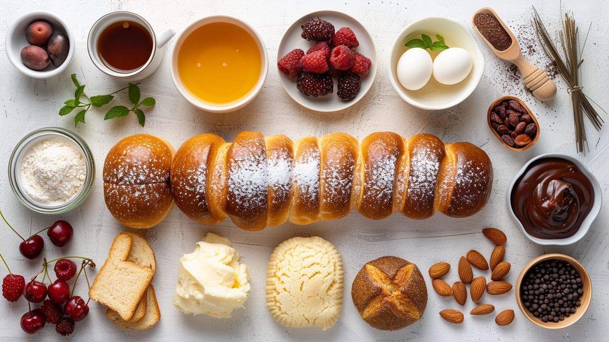 Brioche tressée vue du dessus entourée de beurre, farine, œufs, amandes, cerises, framboises et chocolat