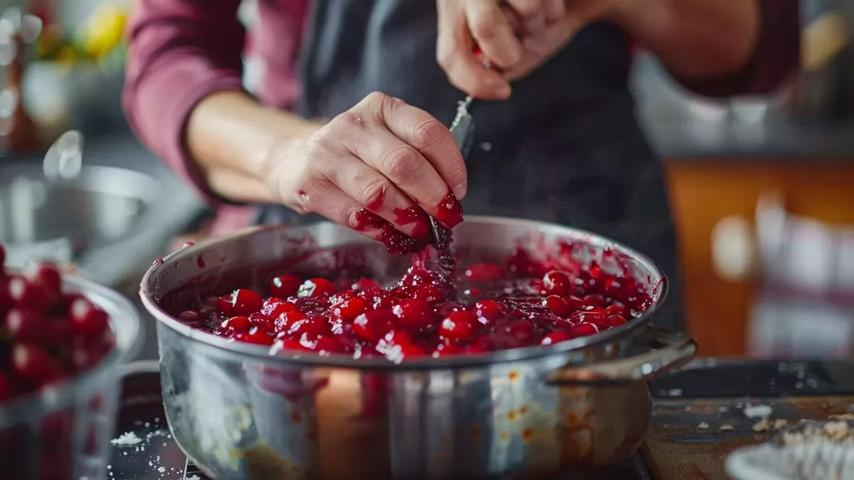 Mains remuant des baies rouges dans une casserole en inox pendant la préparation d’une confiture