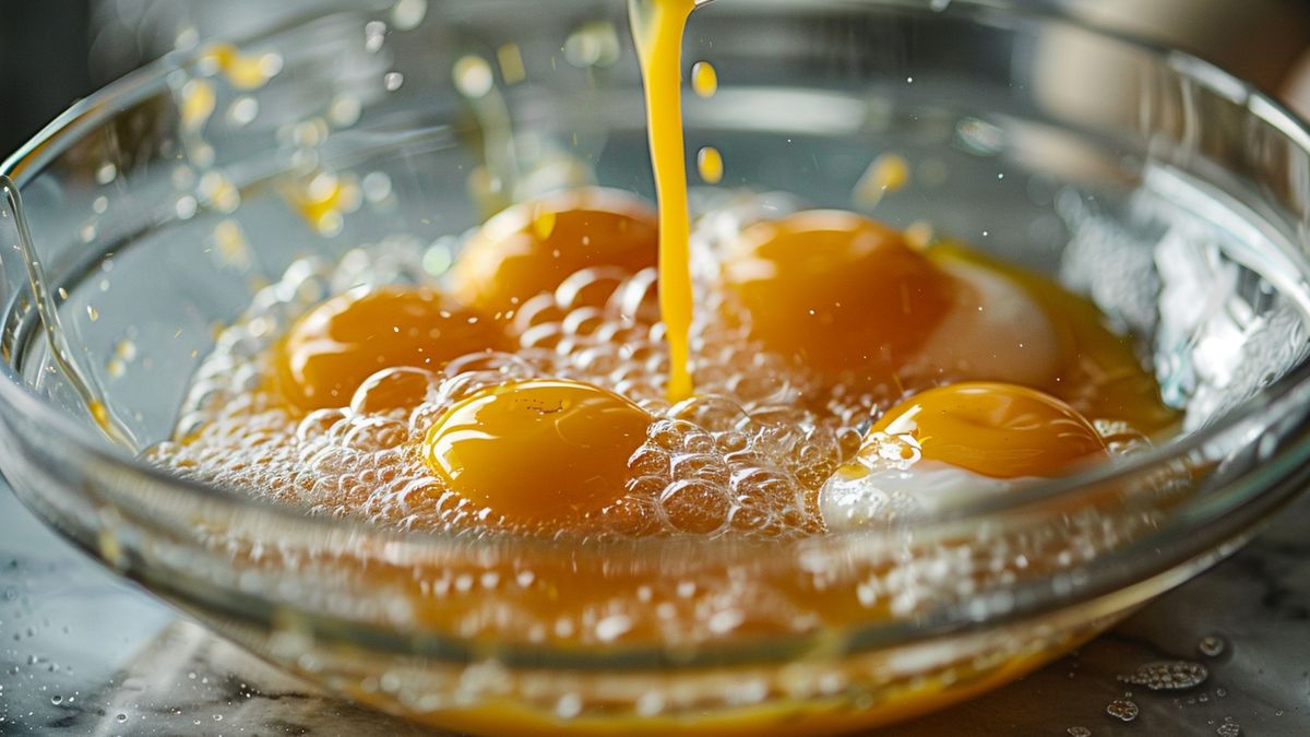 Whisking eggs in a bowl with golden yolks gleaming.