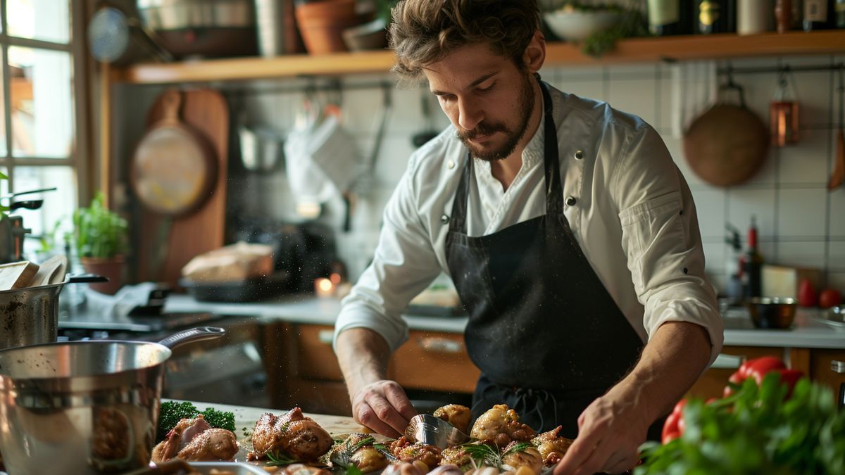 Cuisinier en tablier noir préparant des morceaux de volaille dans une cuisine aux casseroles de cuivre