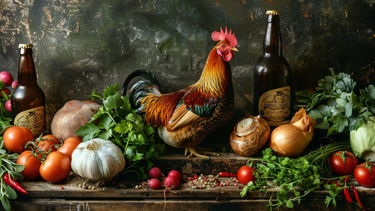 Coq au plumage roux entouré de bouteilles de bière, de tomates, d’oignons, d’ail et de légumes sur une table