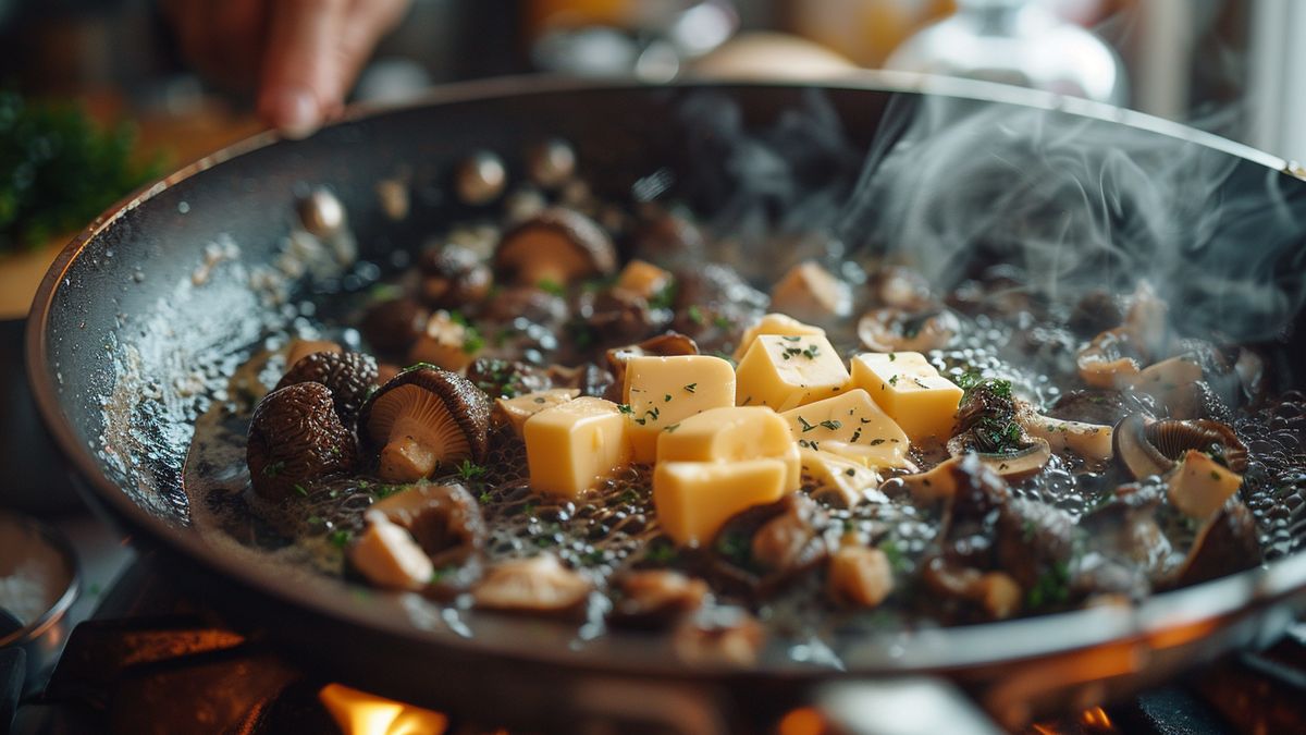 Feuilleté d'asperges d'Alsace aux morilles : recette facile 1 Butter melting in a pan, ready for morels and seasoning.