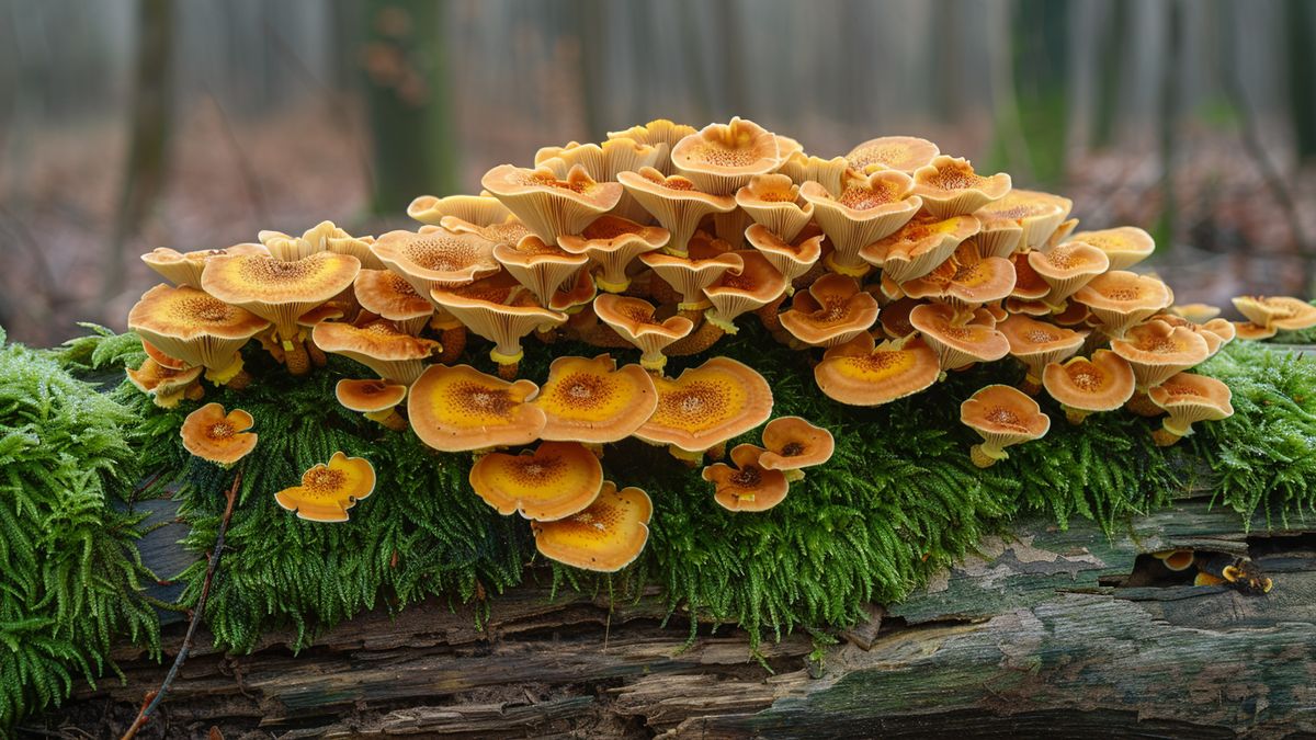 Champignons orangés en étagères poussant sur un tronc moussu au sol d’une forêt