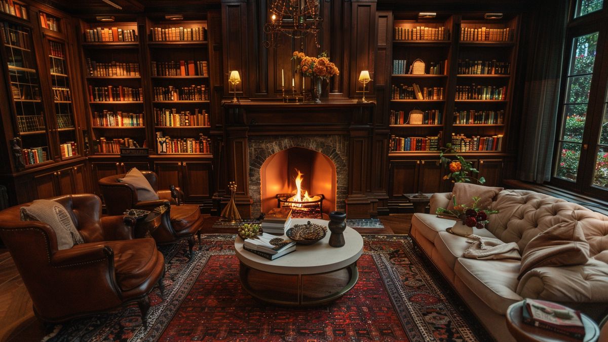 Bibliothèque chaleureuse aux rayonnages boisés, cheminée allumée, canapé capitonné et fauteuils en cuir