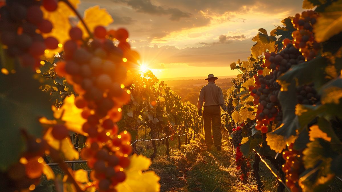Grappes de raisin noir au premier plan et vigneron marchant entre les rangs au soleil couchant