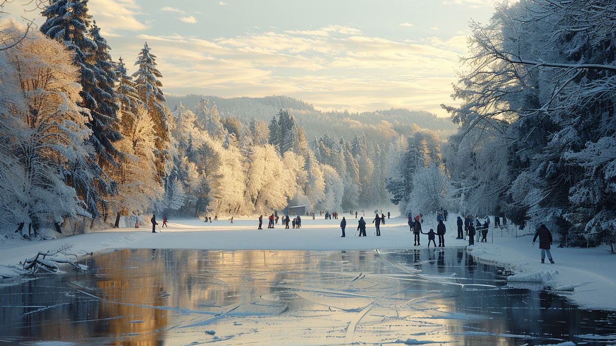 Patineurs sur un lac gelé entouré de forêts enneigées baignées par la lumière dorée de l’hiver
