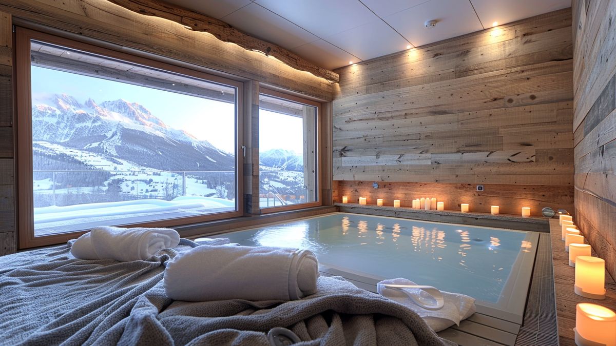 Piscine intérieure d’un spa bordée de bougies, peignoirs pliés et baie vitrée sur des montagnes enneigées