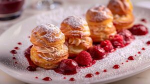 Dégustez nos délicieuses Profiteroles avec sorbet framboise et compote de rhubarbe !
