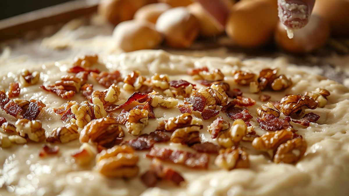 Gros plan sur une pâte crémeuse parsemée de cerneaux de noix et de lardons dorés, œufs en arrière-plan