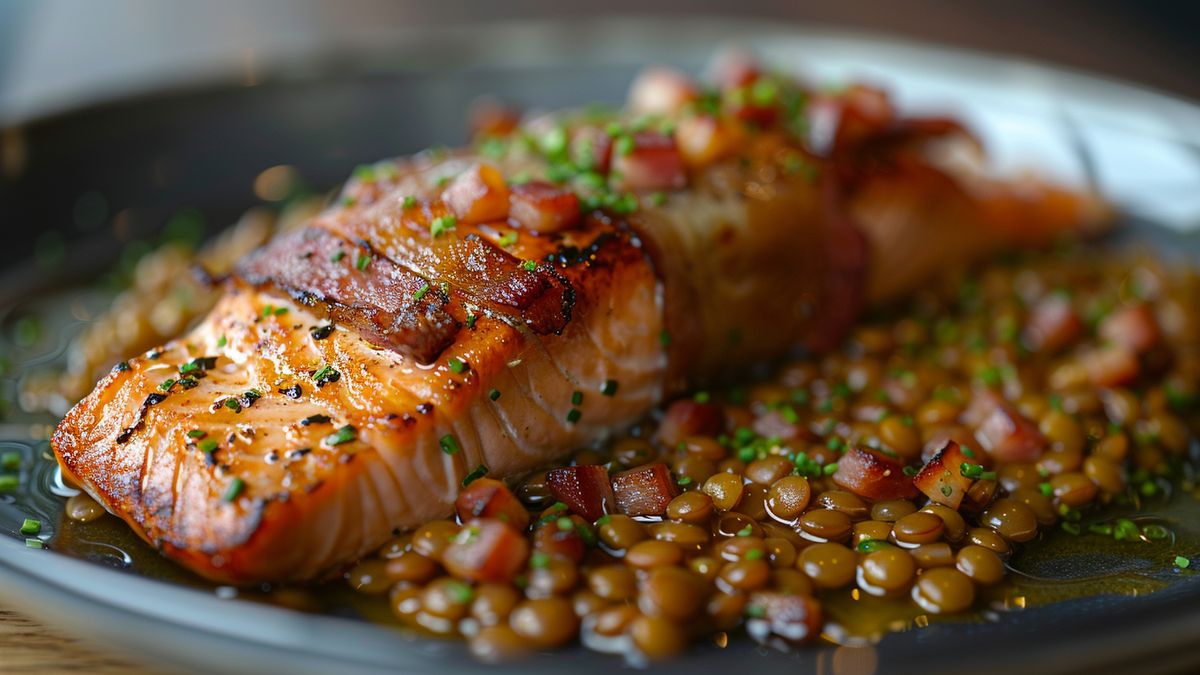 Pavé de saumon rôti garni de lardons et de ciboulette, servi sur un lit de lentilles brillantes