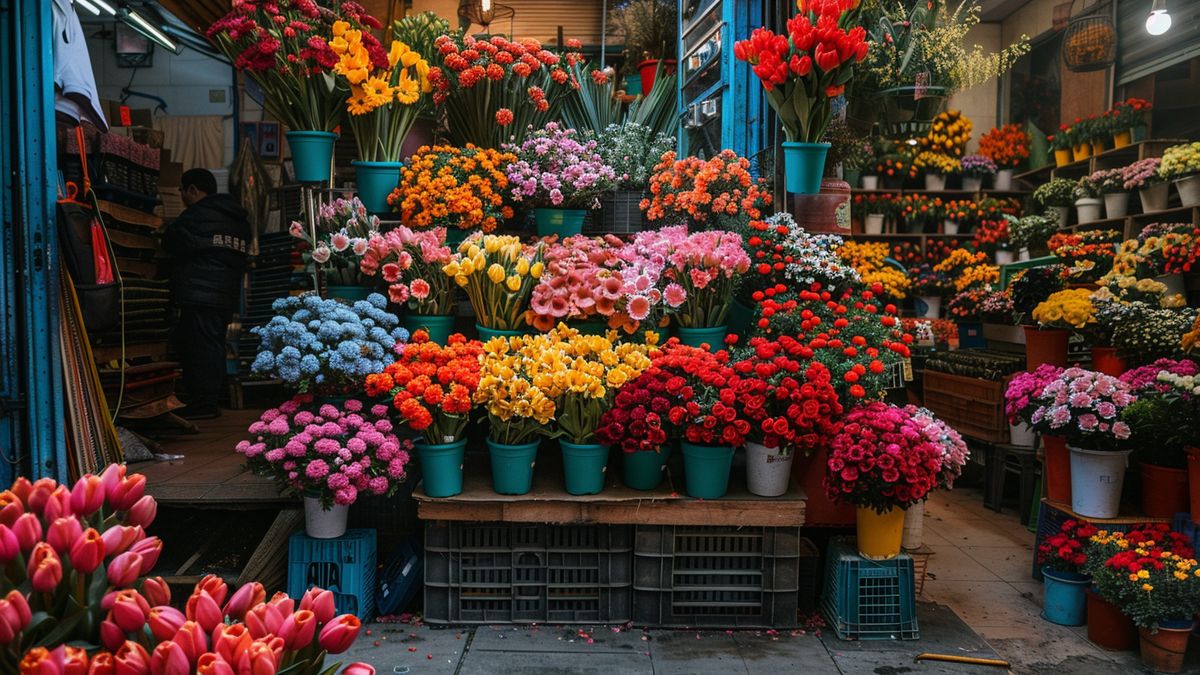 Étals de fleuriste débordant de bouquets colorés, tulipes, roses et œillets en seaux