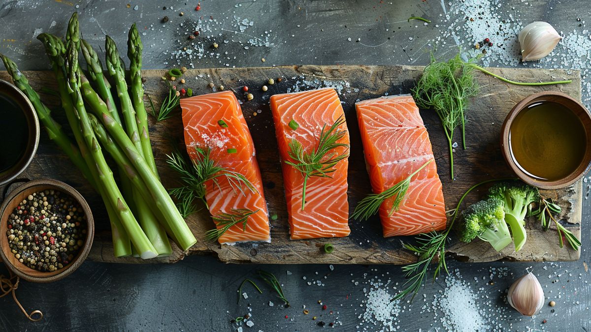 Pavés de saumon frais à l’aneth sur une planche, asperges vertes, brocoli, poivre et huile d’olive