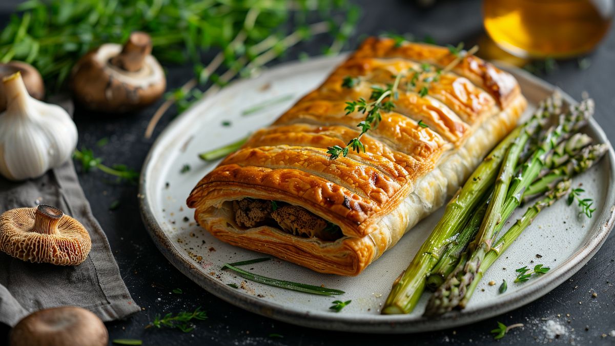 Feuilleté doré servi avec des asperges vertes, entouré de champignons et de gousses d’ail sur une table sombre