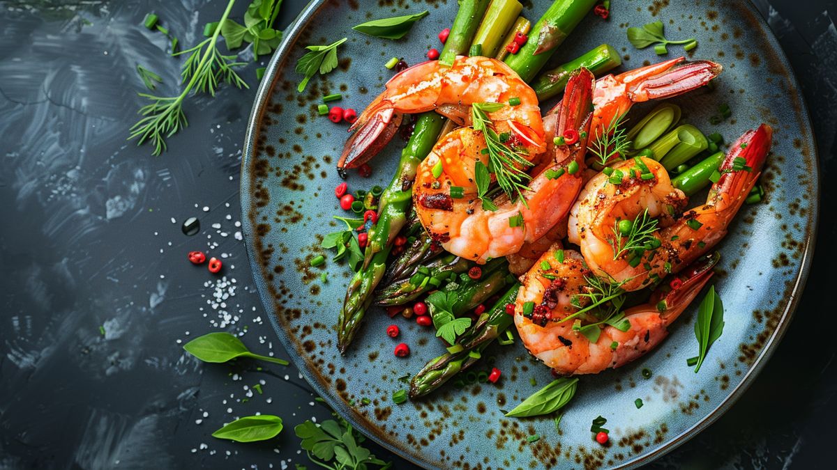 Gambas grillées posées sur des asperges vertes dans une assiette bleue mouchetée, vue de dessus