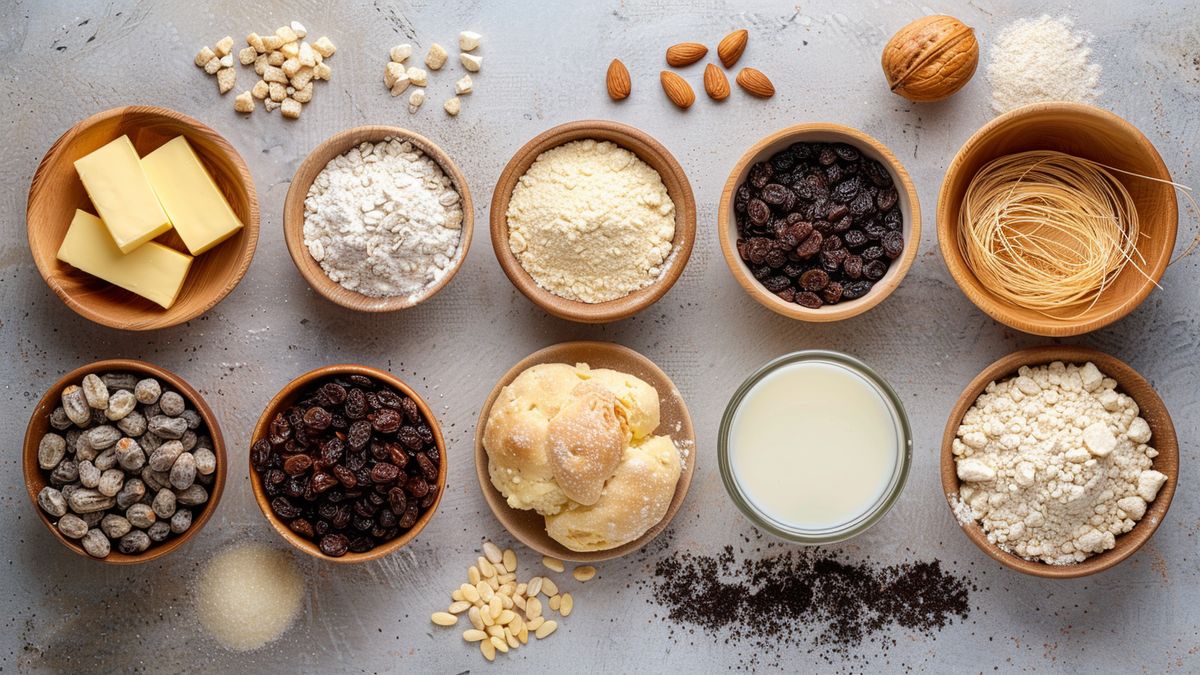 Bols d’ingrédients vus du dessus : beurre, farine, raisins secs, amandes, lait et levure sur un plan clair