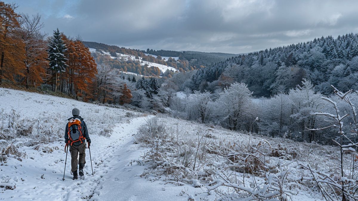 Randonneur avec bâtons sur un sentier enneigé à flanc de colline, forêts givrées en arrière-plan