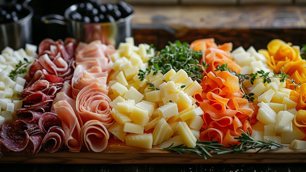 Layered ingredients of Baeckeoffe: sliced potatoes, meats, vegetables, and cheese.