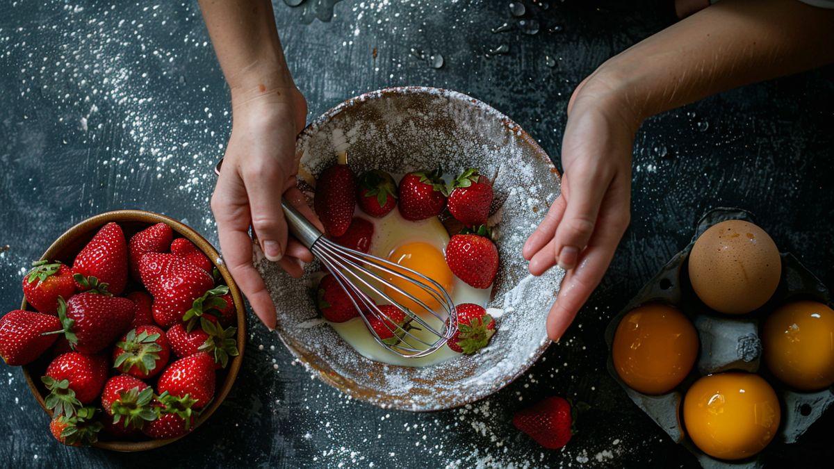 Mains battant des œufs au fouet dans un bol, fraises entières et œufs frais autour, vue de dessus