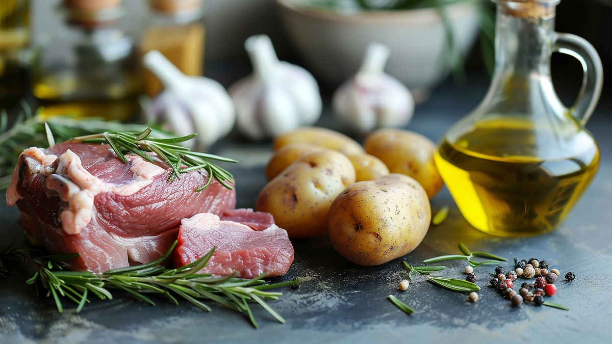 Morceau de porc cru au romarin, pommes de terre, têtes d’ail et carafe d’huile d’olive sur une table sombre