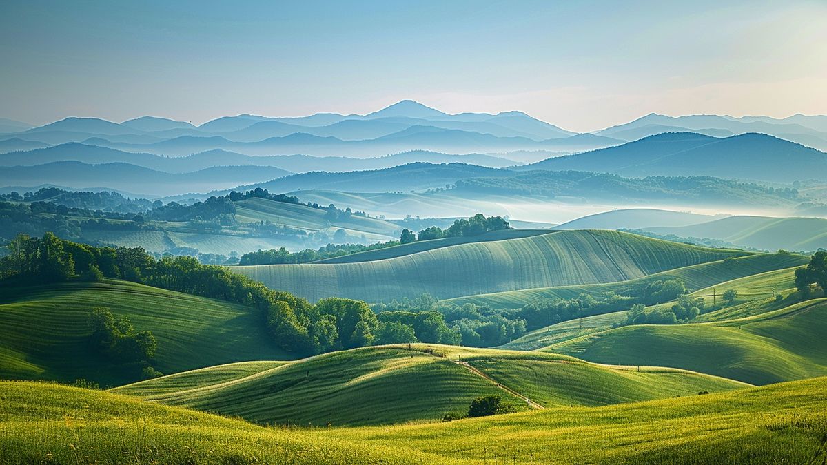 Collines verdoyantes ondulées au premier plan et lignes de montagnes bleutées dans la brume matinale