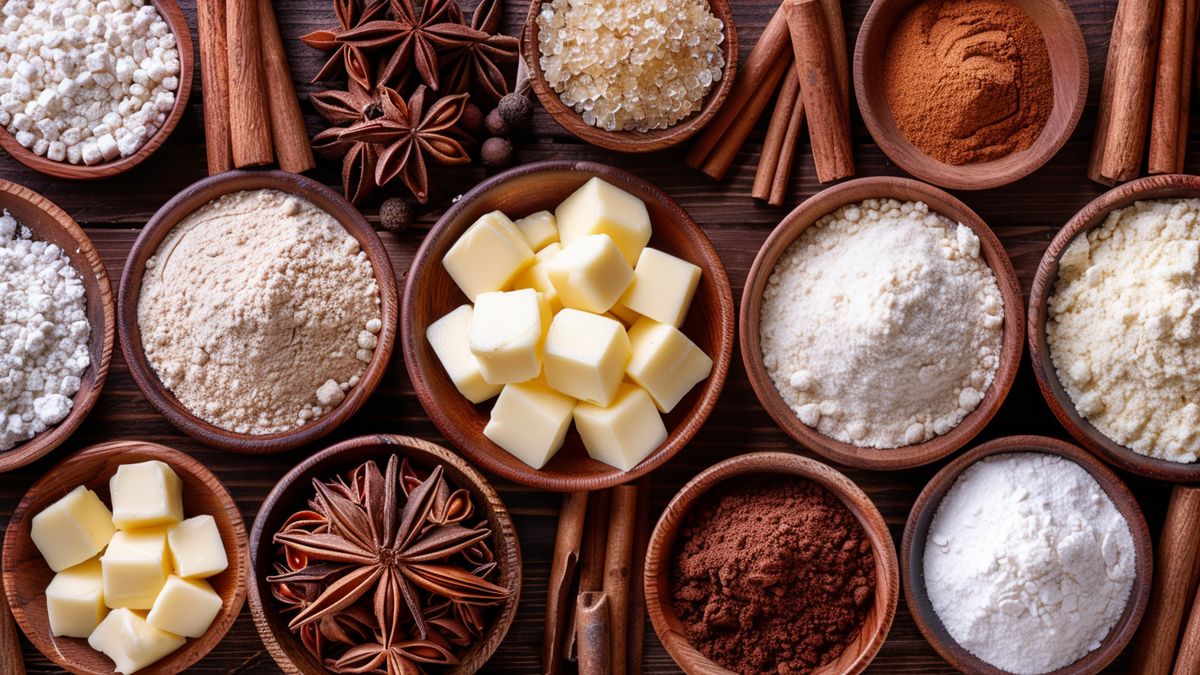 Bols de farine, sucre, cacao et dés de beurre entourés de bâtons de cannelle et d’étoiles de badiane