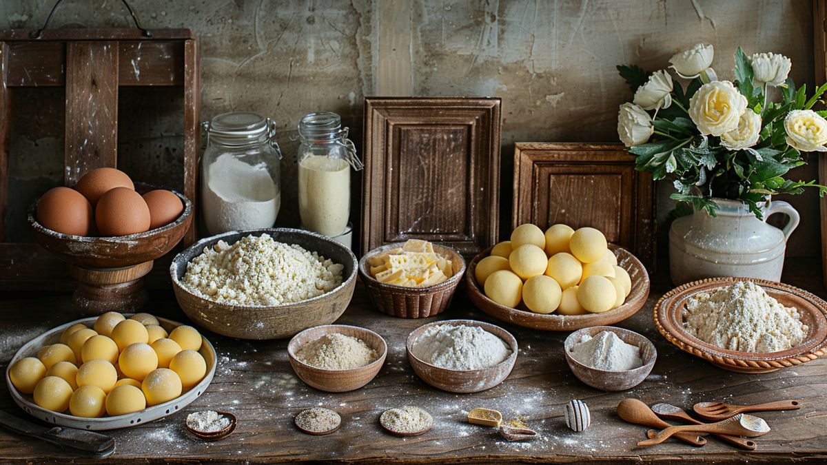 Œufs, farine, sucre et beurre en boules disposés dans des bols sur une table de pâtisserie rustique
