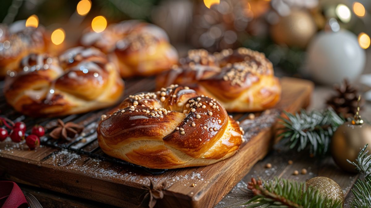 Brioches dorées en forme de nœud parsemées d’amandes, sur une planche décorée de branches de sapin et de boules