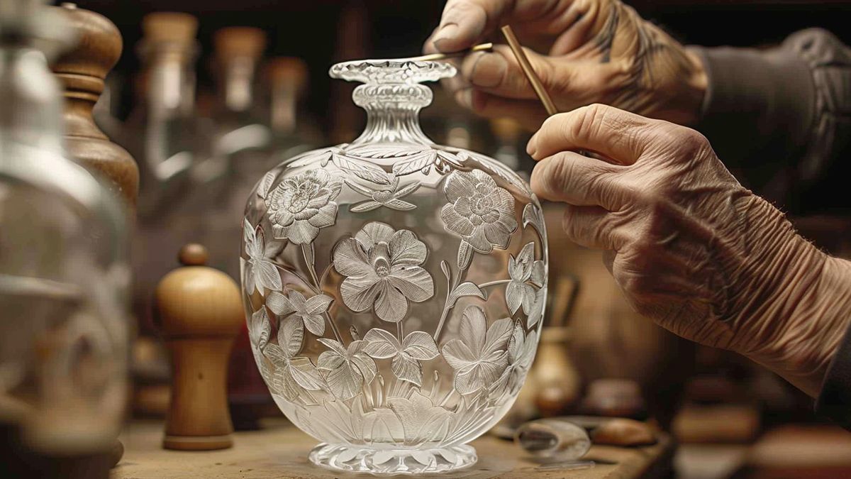 Mains d’artisan gravant un motif floral sur un vase en cristal dans un atelier, flacons en arrière-plan