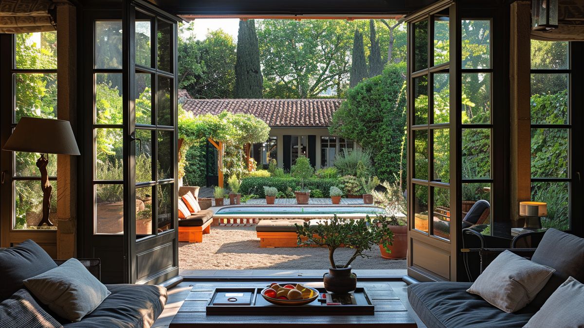 Salon élégant aux portes-fenêtres ouvertes sur un jardin paysager, une terrasse et une piscine