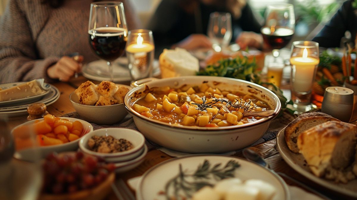 Table familiale garnie d’un plat de légumes mijotés, de pain, de bougies et de verres de vin rouge