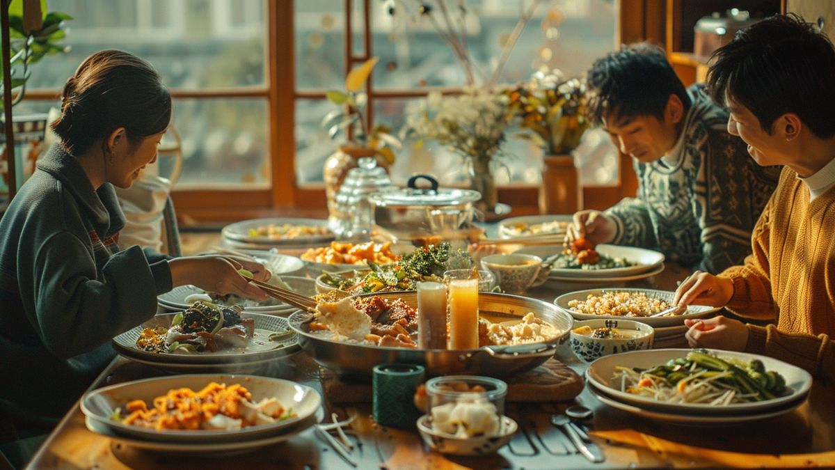 Convives attablés autour d’un repas garni de nombreux plats et bougies, devant une grande fenêtre