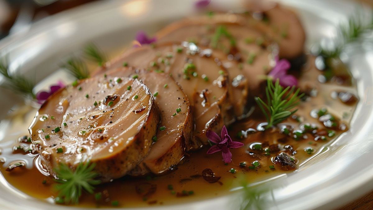 Tranches de rôti nappées de sauce brune aux herbes et aux fleurs comestibles dans une assiette blanche
