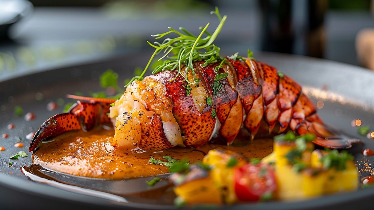 Queue de homard rôtie posée sur une sauce orangée, garnie d’herbes et de dés de légumes dans une assiette sombre