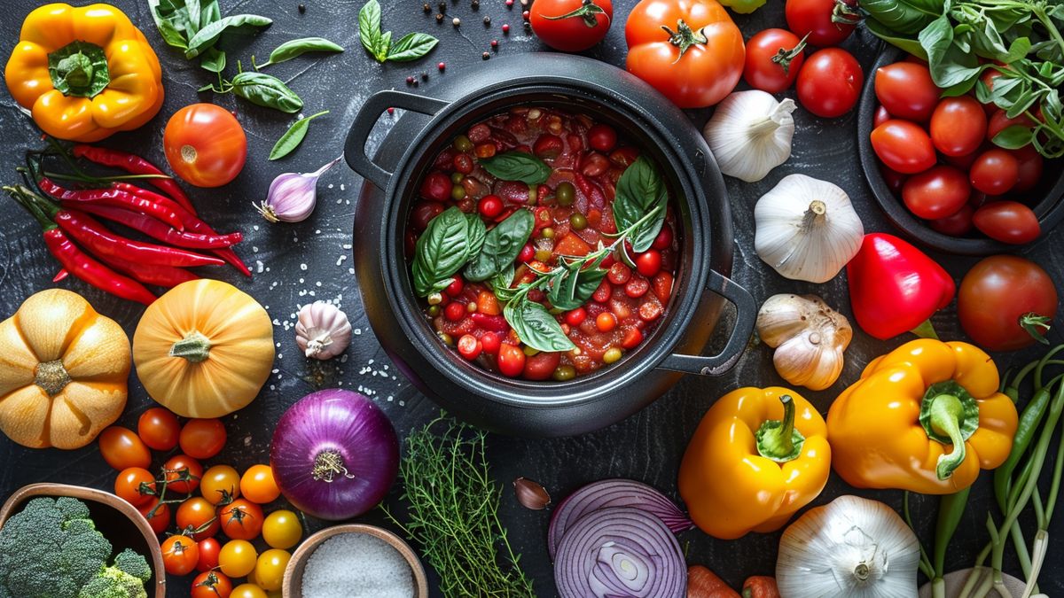 Potage aux pommes de terre : recette facile 3 Colorful vegetables arranged around a soup pot.