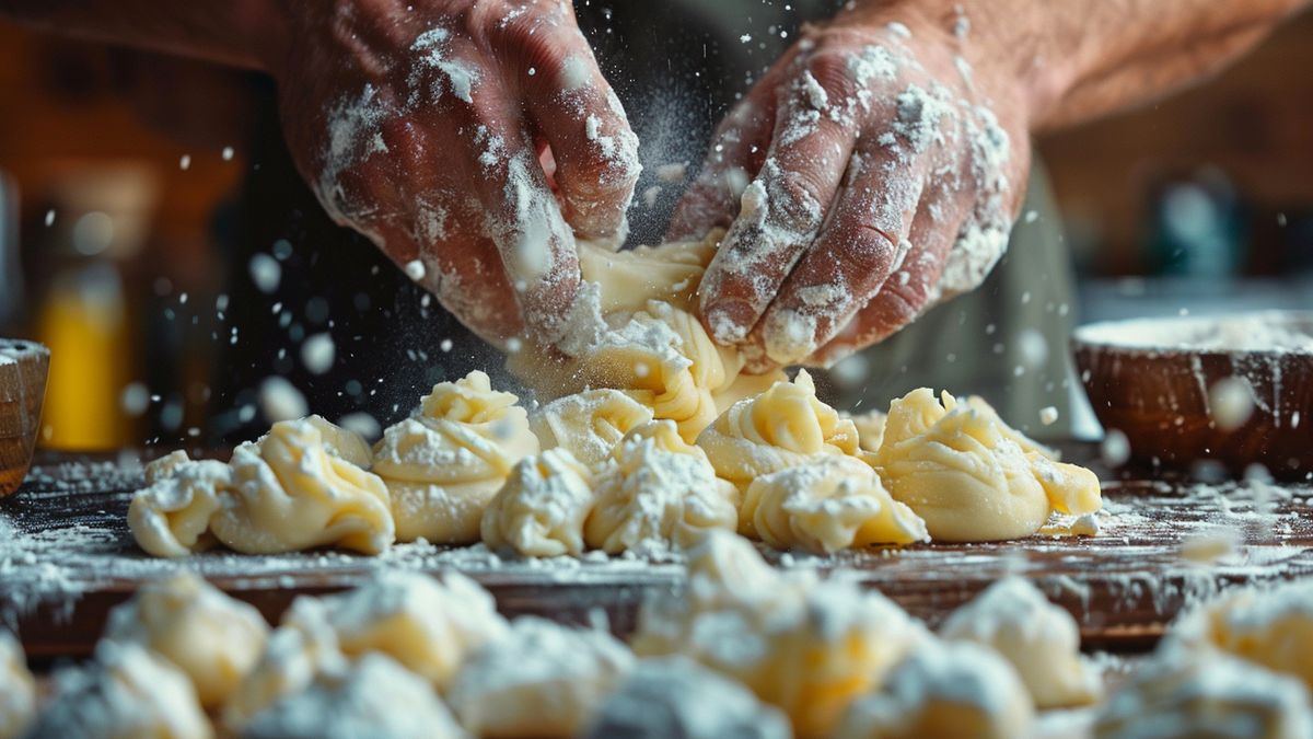 Mains farinées façonnant de petites boules de pâte de pommes de terre sur un plan de travail enfariné