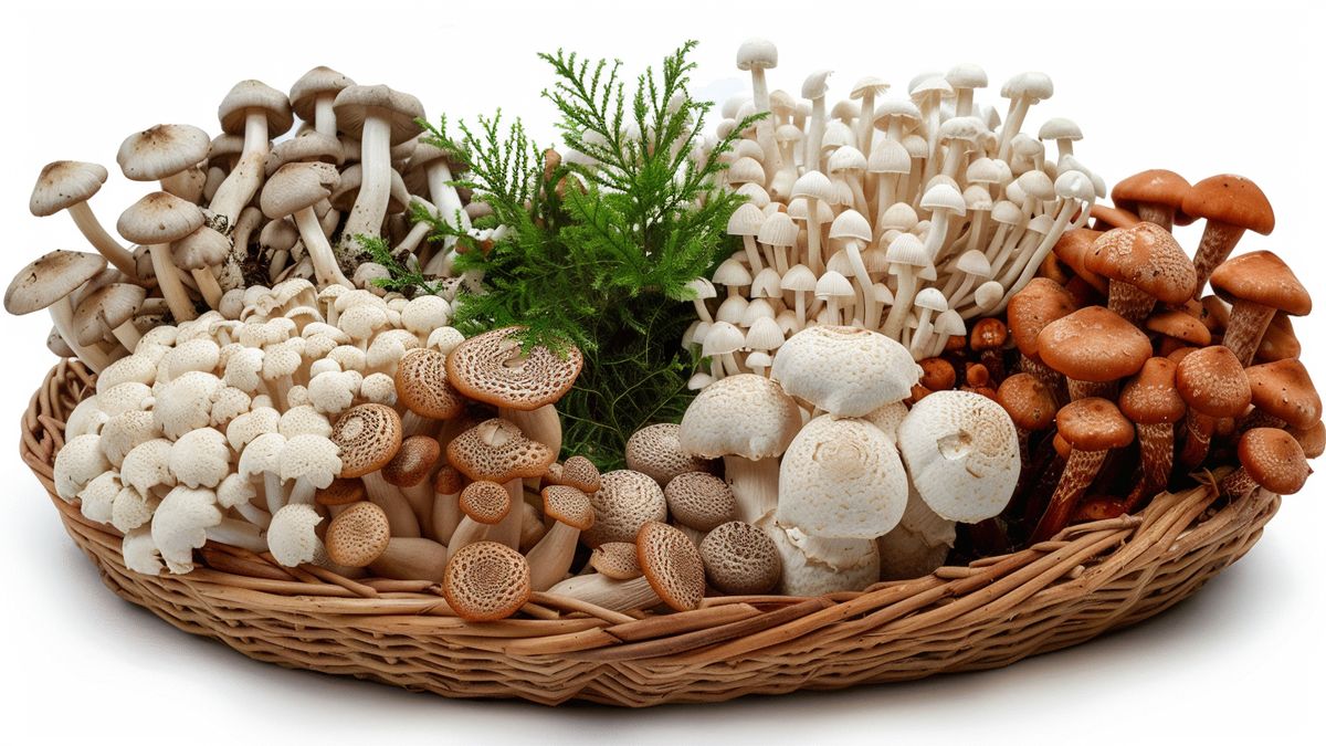 Feuilleté d'asperges d'Alsace aux morilles : recette facile 3 Different types of mushrooms beautifully arranged in a basket.