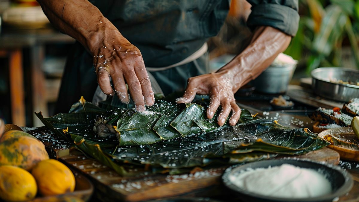 Mains enveloppant une préparation dans de larges feuilles vertes sur une planche, bol de sel et citrons autour