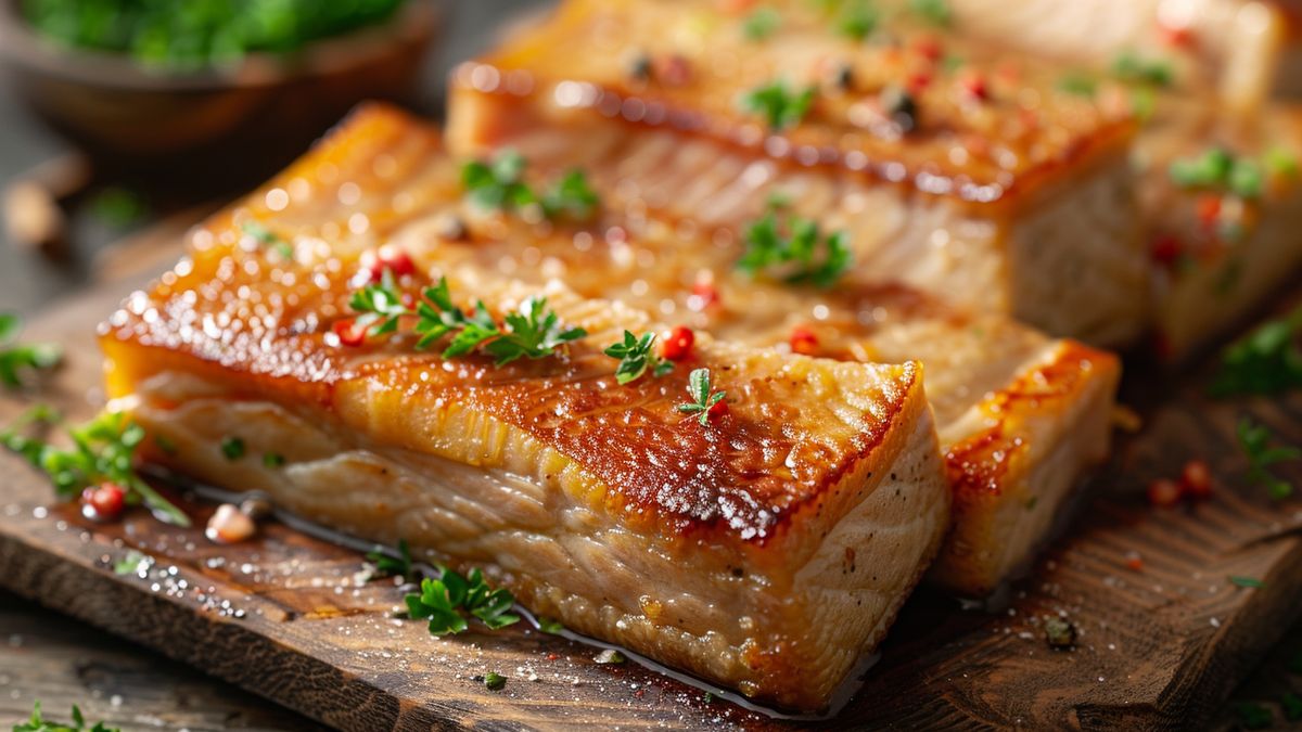 Pavés de viande grillés à la croûte caramélisée, parsemés d’herbes et de baies sur une planche en bois