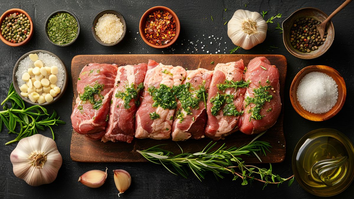 Morceaux de porc cru aux herbes sur une planche, entourés d’ail, de romarin et d’épices