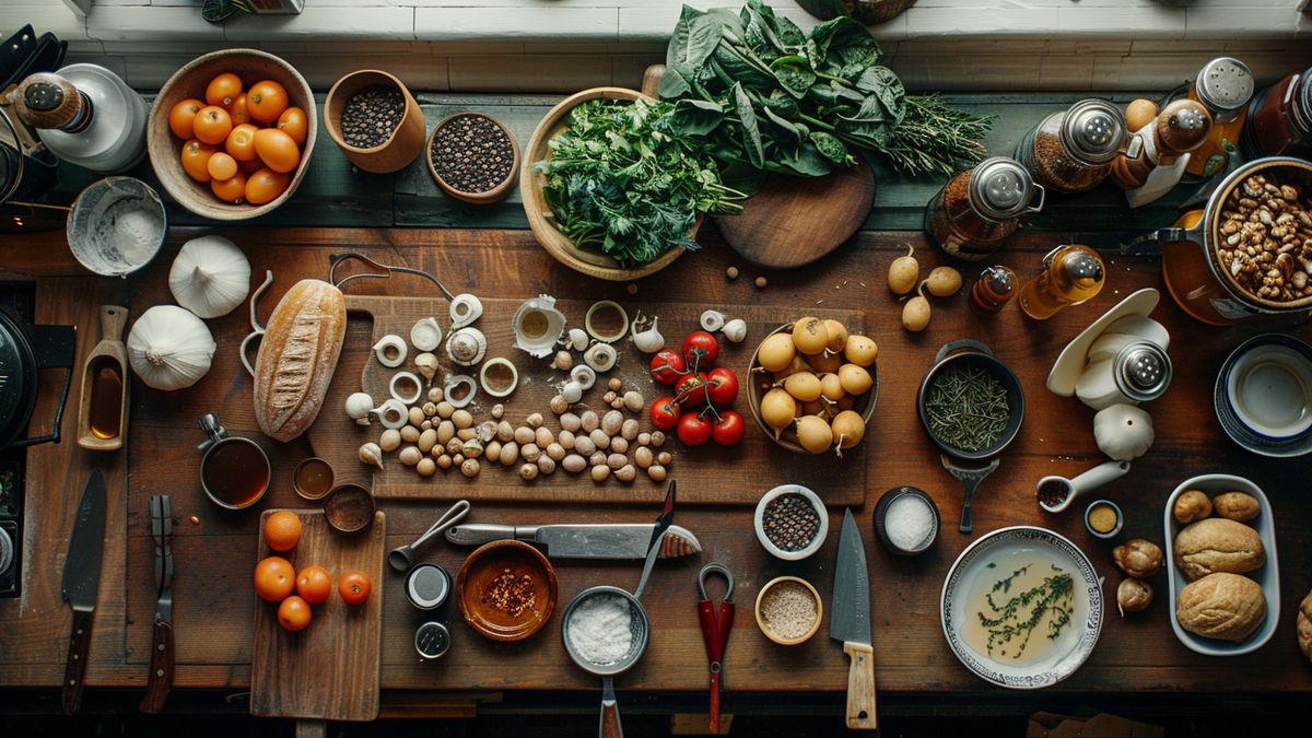 Grande table en bois vue du dessus couverte de légumes, d’épices, d’ail, de pain et d’ustensiles de cuisine