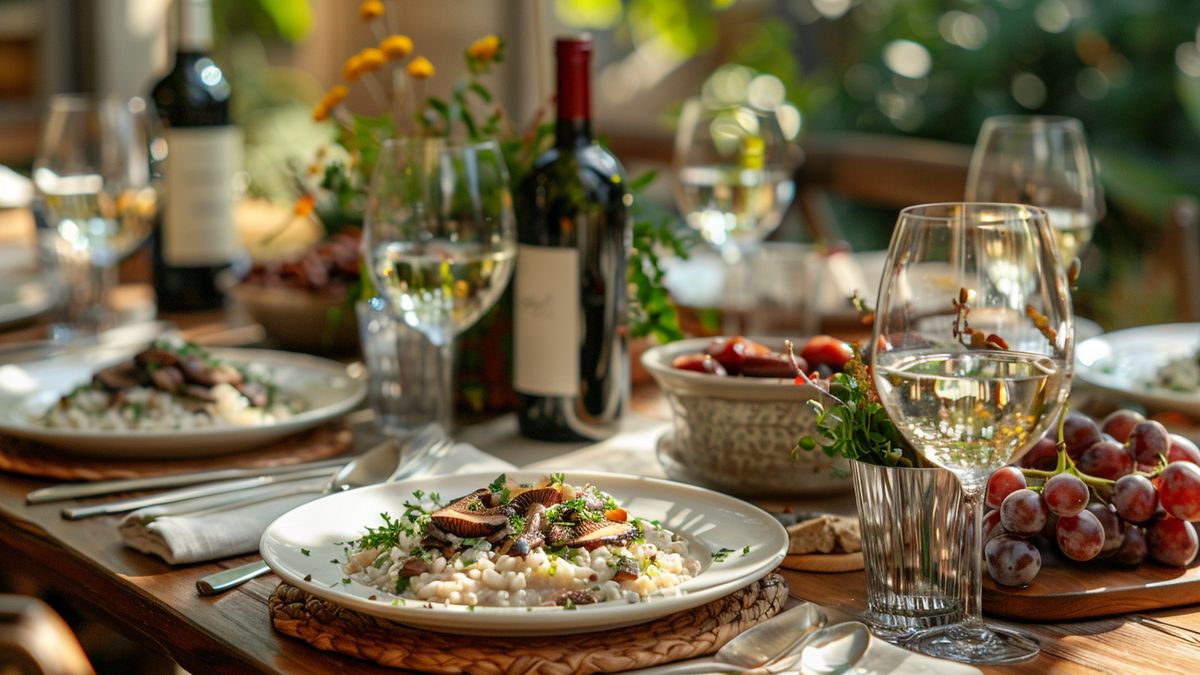 Assiette de risotto crémeux aux champignons sur une table dressée avec vin blanc, vin rouge et raisin