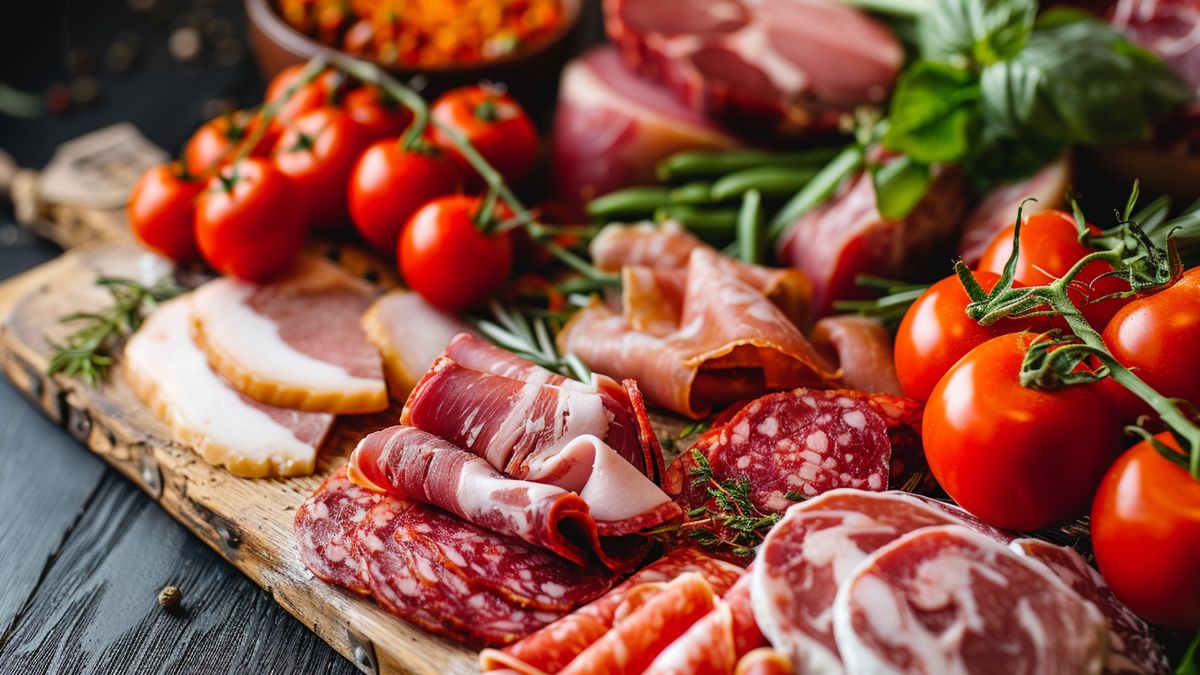 Planche de charcuterie garnie de jambon, de saucisson et de tranches de viande séchée avec des tomates cerises