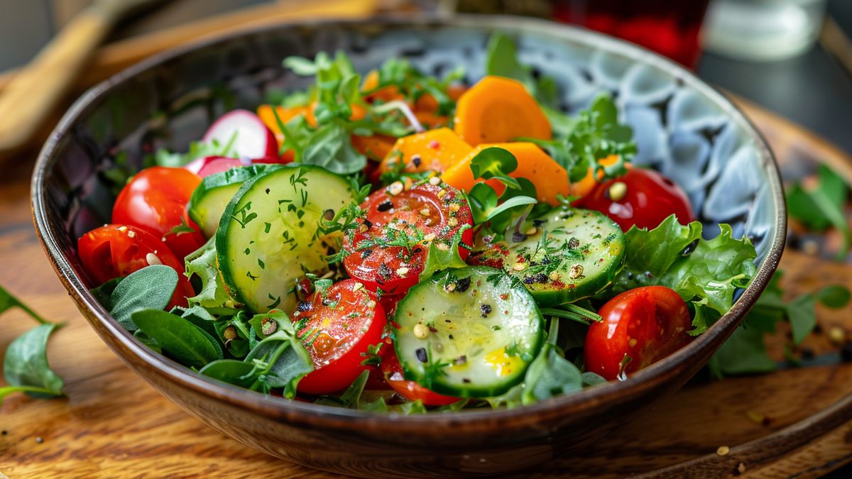 Saladier de feuilles vertes, rondelles de concombre, tomates cerises, carottes et radis sur une table en bois