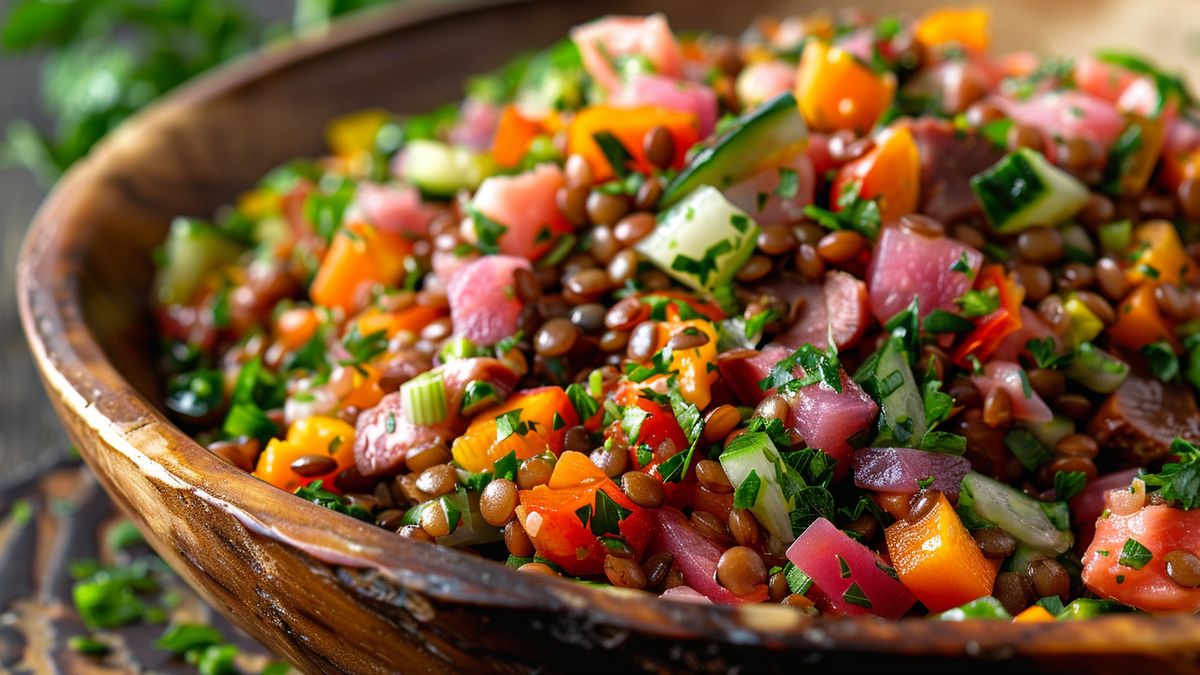Salade de lentilles colorée aux dés de jambon, poivrons, concombre et herbes fraîches dans un saladier en bois